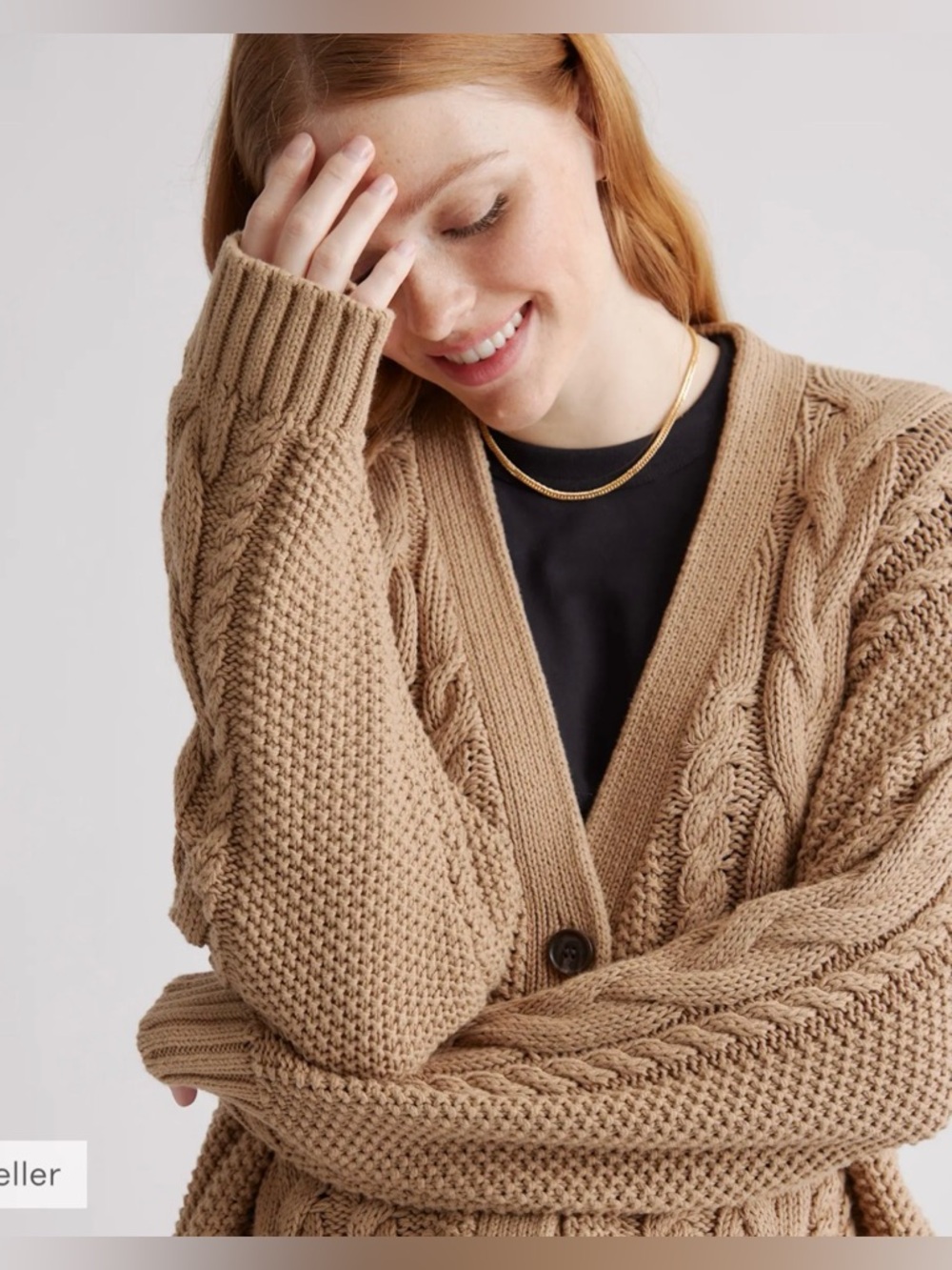 Quince‎ 100% Organic Cotton Oversized Cable Knit Cardigan Sweater Camel Tan Sz S - Picture 4 of 12